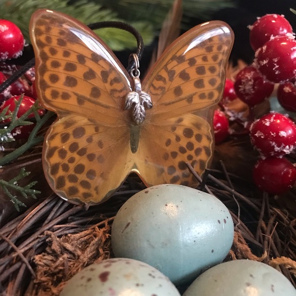 Sterling Silver Resin encased Butterfly Wings Pendant with Leather Cord. - Picture 5 of 15